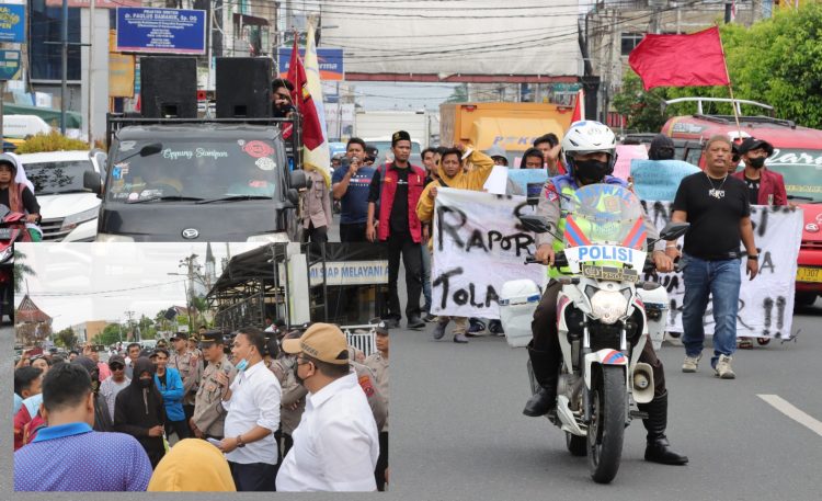 Personel Satuan Lalulintas Polres Pematang Siantar dengan humanis saat mengawal aksi unjuk rasa mahasiswa.(ist/siantarcorner)