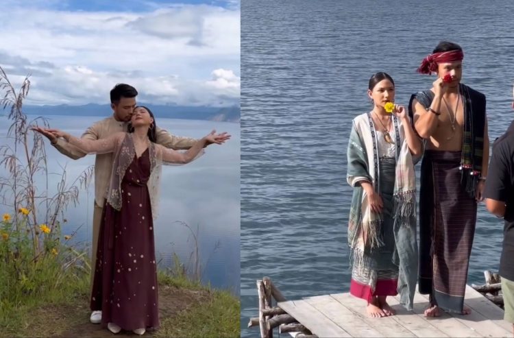 Artis Jessica Mila dan Yakup Hasibuan saat foto prawedding berlatarkan Danau Toba