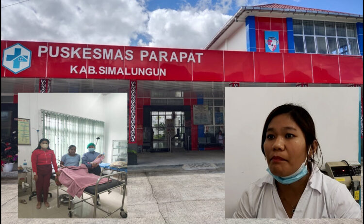 Bidan Elvinawati Ambarita bersama ibu dan bayi yang meninggal pasca dugaan malpraktik di Puskesmas Parapat.