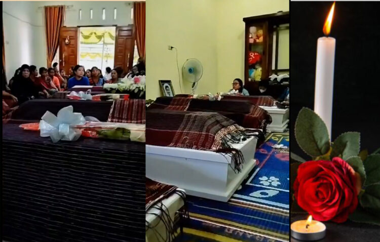 Empat peti jenazah dikelilingi para pelayat di Rumah Duka Rosmalina Pasaribu dan keluarga korban kecelakaan Tol Lubuk Pakam.