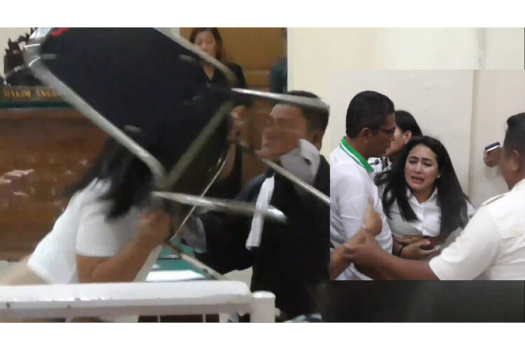 Istri oknum pendeta RJP (50) mengamuk dan melempar kursi ke arah hakim di ruangan sidang Pengadilan Negeri (PN) Pematangsiantar, Selasa (16/1/2024)