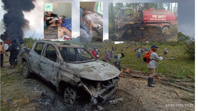 Kendaraan operasional PT Toba Pulp Lestari (TPL) terbakar usai diserang sekelompok massa di areal konsesi Sektor Aek Nauli, Desa Sihaporas, Kabupaten Simalungun, Senin (22/9/2025). Aksi ini menyebabkan enam orang luka-luka dan terganggunya operasional perusahaan