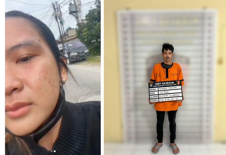 Tersangka kasus pengeroyokan Suryadani Syahwindri (kanan) saat diamankan petugas Polsek Medan Timur, dan korban Michelle Natalie Angel Gultom (kiri) yang melapor atas peristiwa penganiayaan tersebut, Kamis (6/11/2025).