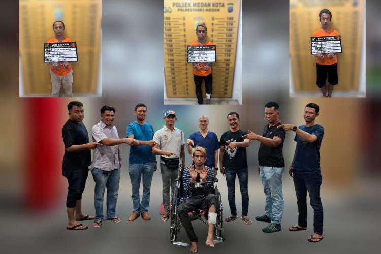 Kolase foto Sitias alias Bulek beserta dua penadah yang ditangkap tim Reskrim Polsek Medan Kota dalam kasus pencurian mobil di SPBU Singapore Station.