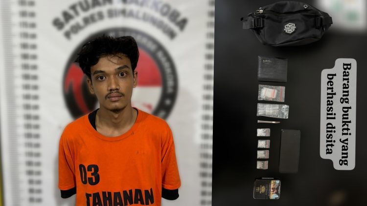 Tersangka Pebri Gunawan Sianipar (19) bersama barang bukti narkotika jenis sabu seberat 6,27 gram dan perlengkapan pendukung saat diamankan personel Satuan Narkoba Polres Simalungun.