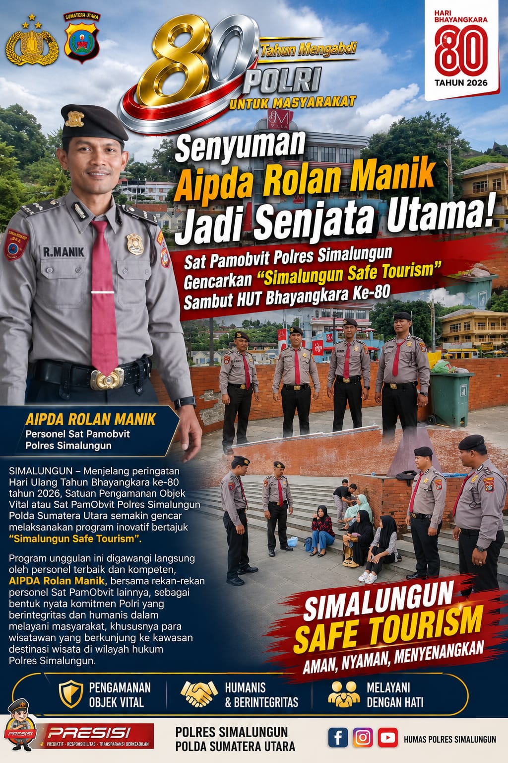 Senyum Humanis Aipda Rolan Manik Bikin Wisatawan Makin Nyaman, Sat Pamobvit Polres Simalungun Perkuat Keamanan Parapat Jelang HUT Bhayangkara Ke-80