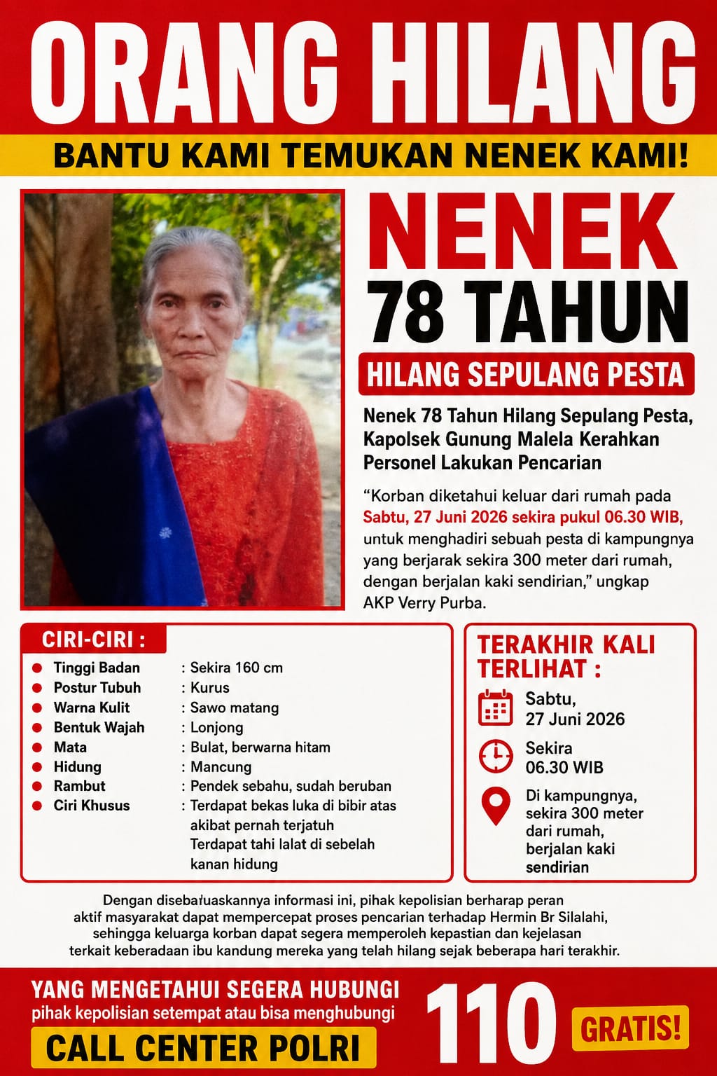Nenek 78 Tahun Hilang Usai Hadiri Pesta, Kapolsek Gunung Malela Kerahkan Personel dan Minta Bantuan Masyarakat