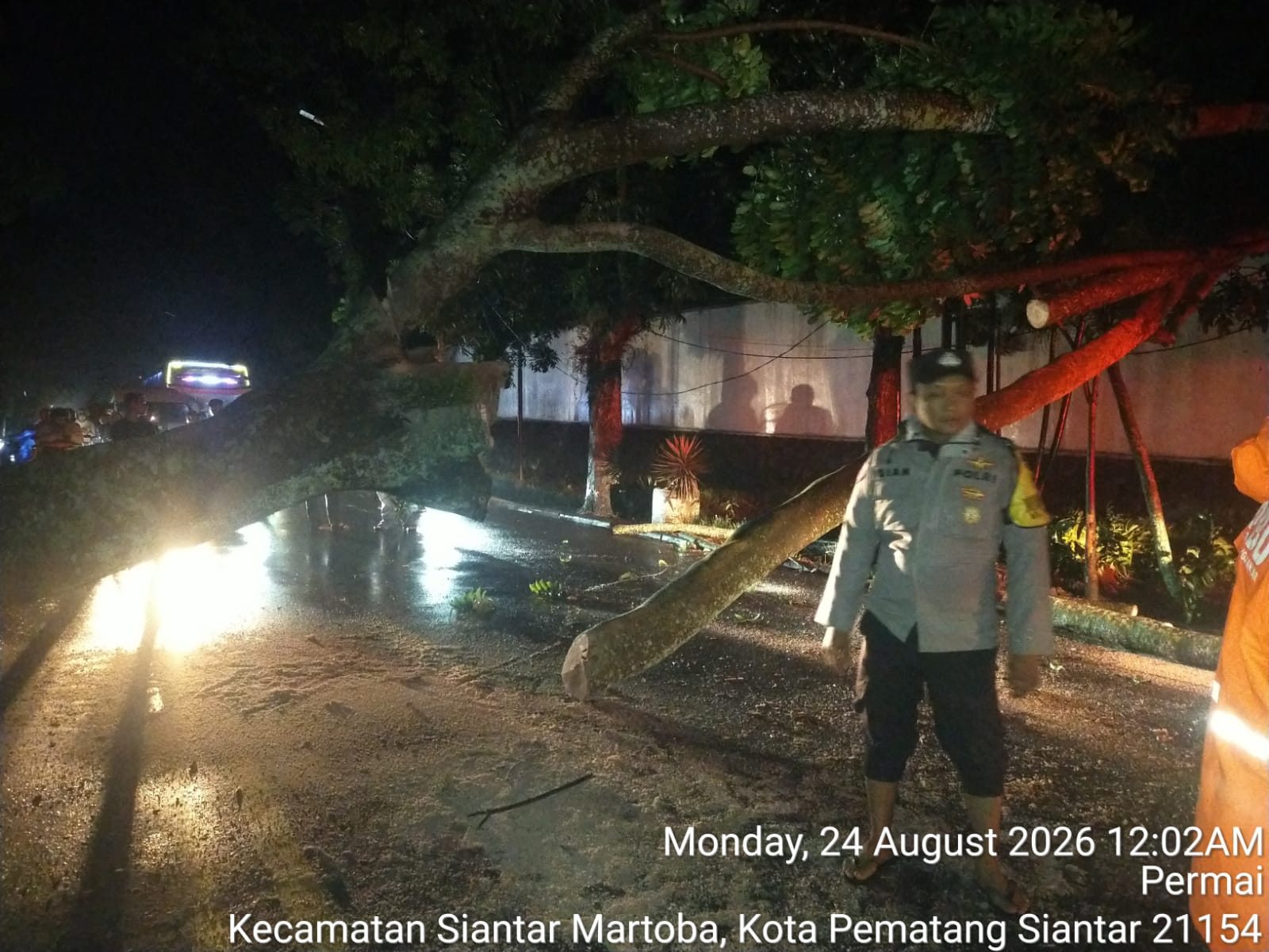 Hujan Deras dan Angin Kencang, Polsek Siantar Martoba Bergerak Cepat Bersihkan Pohon Tumbang di Jalan Medan