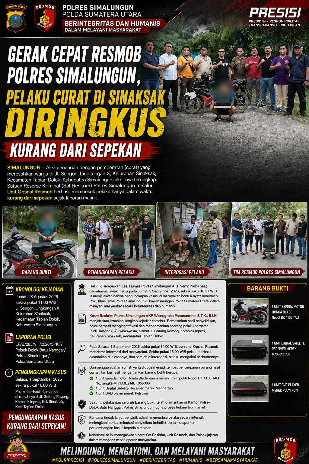 Gerak Cepat Resmob Polres Simalungun, Kasus Curat di Sinaksak Berujung Penangkapan