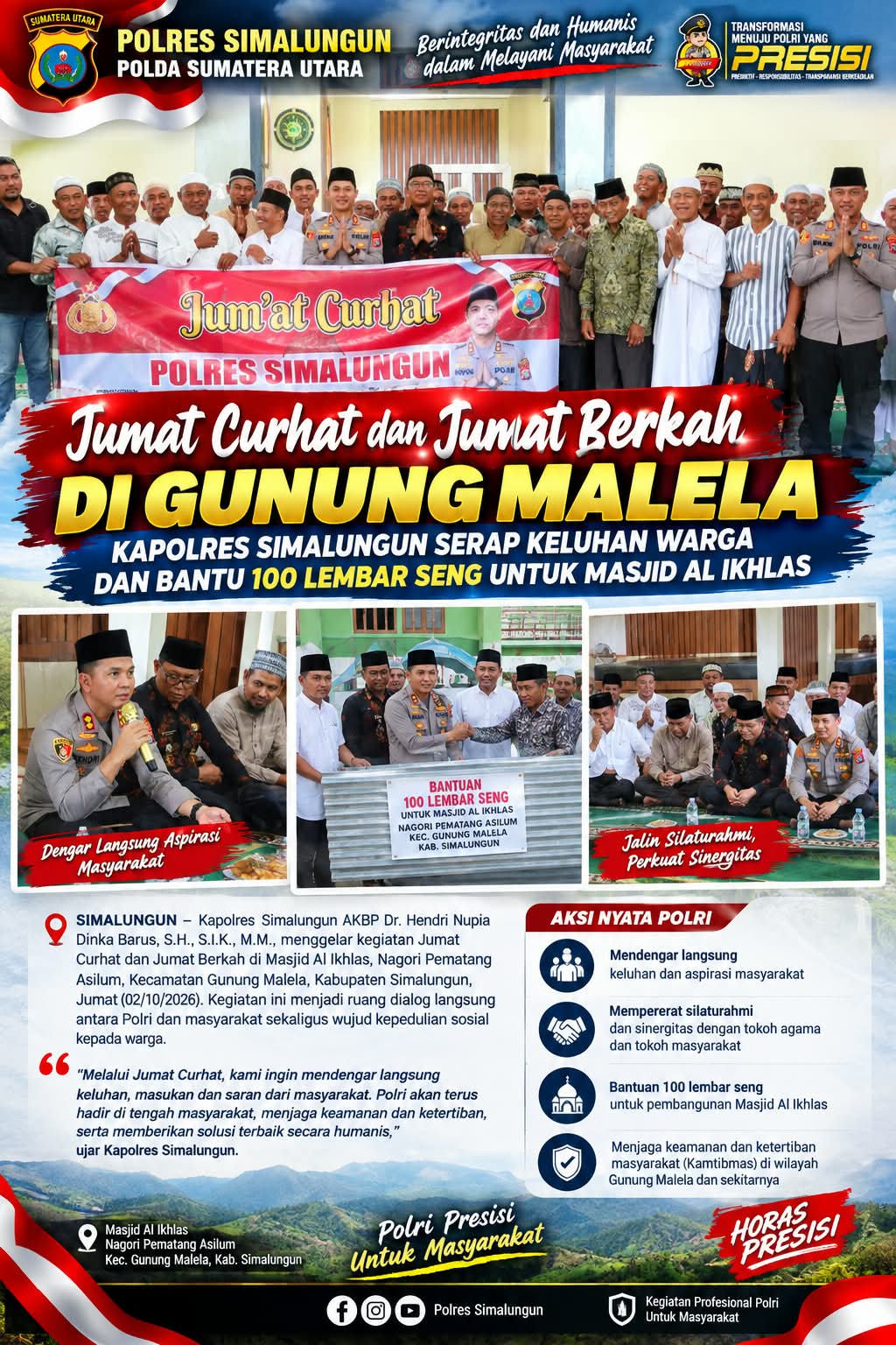 Jumat Curhat di Pematang Asilum, Kapolres Hendri Barus Buka Ruang Aduan hingga Bantu Renovasi Masjid