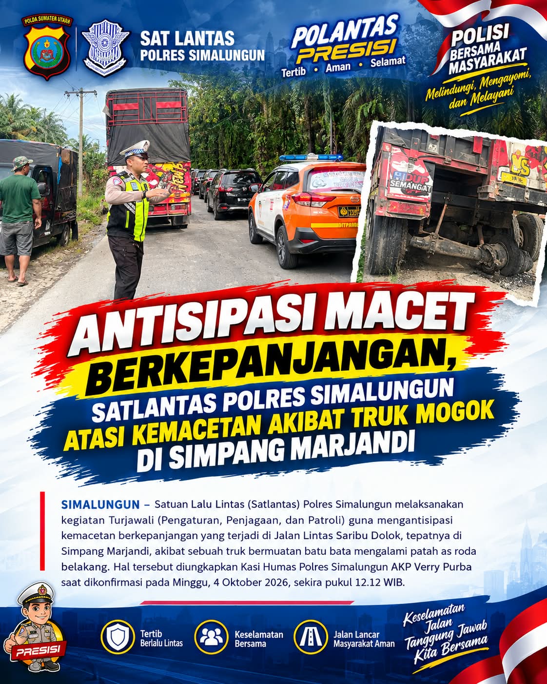 Truk Patah As Bikin Jalur Saribu Dolok Macet, 6 Polisi Turun Langsung Urai Arus di Marjandi