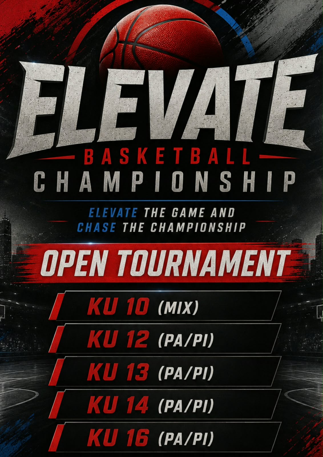 Poster resmi ELEVATE Basketball Championship — open tournament KU 10 hingga KU 16