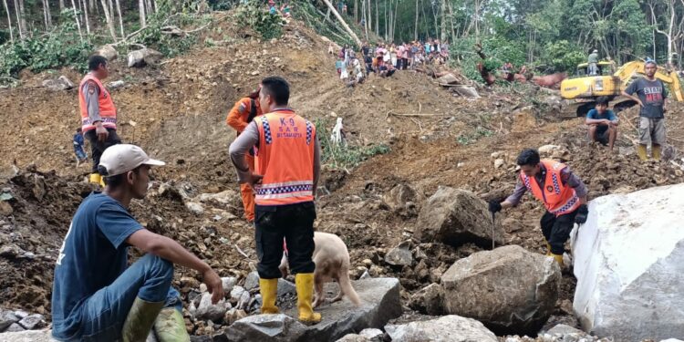 Petugas Gabungan menurunkan alat berat dan anjing pelacak, mencari korban tertimbun material longsir Dolok Simarsolpah.