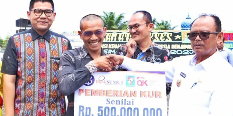 Wakil Bupati Simalungun Zonny Waldi menyerahkan bantuan secara simbolis buku tabungan kepada penerima bantuan modal usaha.