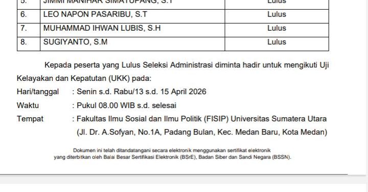 8 Kandidat Lolos Administrasi, Berebut Kursi Direktur Teknik PDAM Tirta Uli 2026–2031