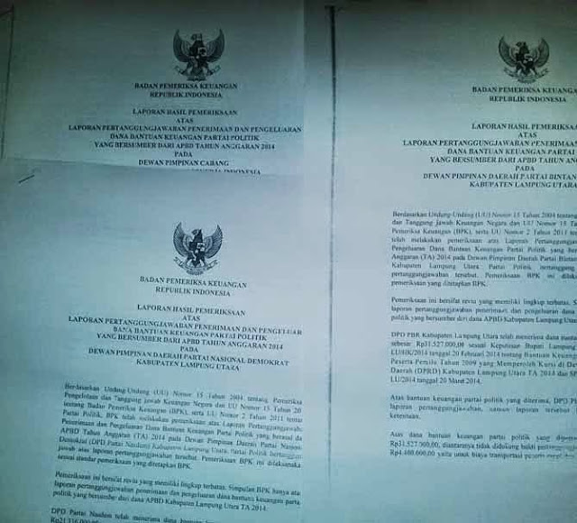 Laporan Keuangan Parpol di Lampura Dapat Rapor Merah dari BPK