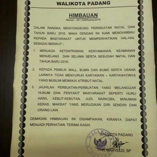 Imbau Mal tidak Suruh Karyawan Kenakan Atribut Natal, Walikota Padang Panen Pujian