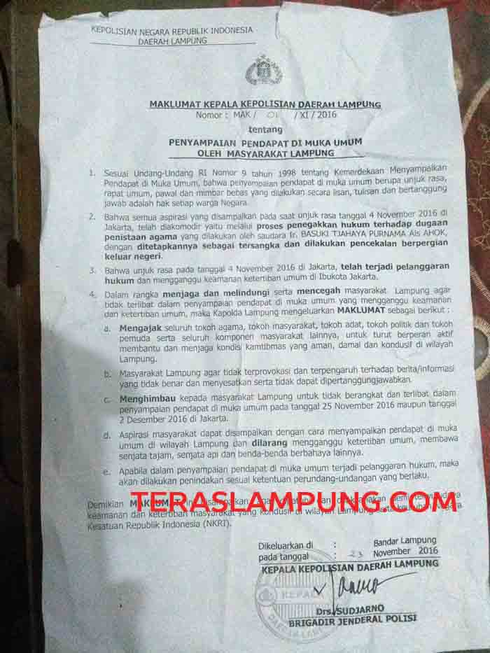 Inilah Isi Maklumat Kapolda Lampung Terkait Demo 212