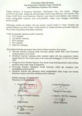 Lima Organisasi Wartawan Desak Kapolda Copot Kapolres Way Kanan