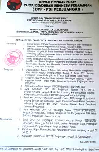 SK Pengesahan Diteken Megawati dan Hasto, Ini Susunan Pengurus PDIP Lampung 2015 – 2020