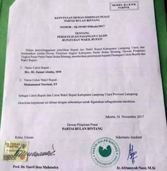 Pilbup Lampura, Beredar Surat Dukungan DPP PBB untuk Zainal Abidin – M.Yusrizal