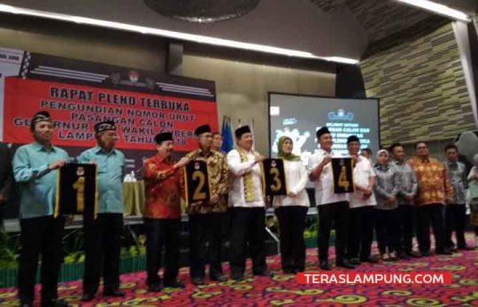 Nomor Urut Paslon Pilgub Lampung: Ridho Bachtiar No 1, Herman Sutono 2, Arinal-Nunik 3, Mustafa-Jajuli 4