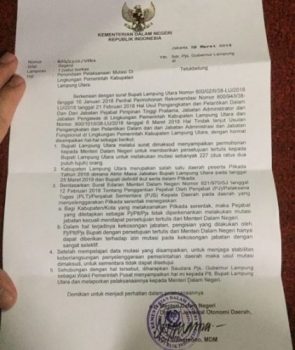 Beredar, Surat Penolakan Usulan Rolling Pejabat Lampura dari Dirjen Otda