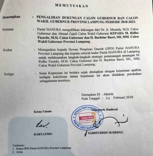 Pilgub Lampung, Dukungan Hanura Tetap untuk Mustafa-Jajuli