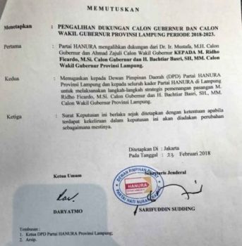 Pilgub Lampung, Dukungan Hanura Tetap untuk Mustafa-Jajuli