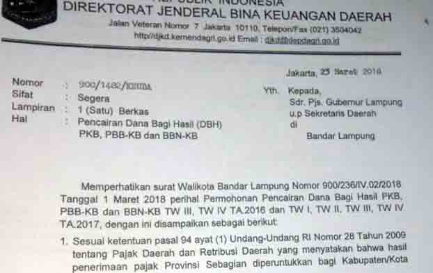 Beredar, Surat Kemendagri Minta Pemprov Lampung Cairkan DBH Pemkot Bandarlampung