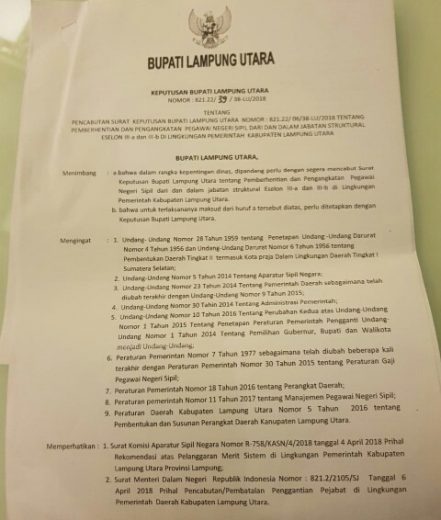 Sri Widodo Akhirnya Anulir Rolling Pejabat Eselon III dan IV Lampura