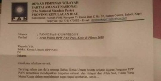 Beredar, Surat Dukungan DPW PAN Kepri untuk Jokowi di Pilpres 2019