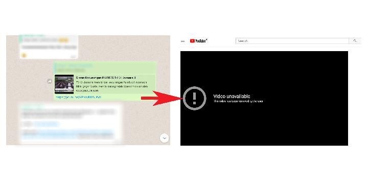Tautan YouTube tersebut tersebar di media sosial dan WhatsApp (kiri), namun saat di-klik kini video sudah tidak tersedia (kanan).