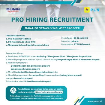 Lowongan Kerja di PT PLN, Pendaftaran Hingga 22 Juli 2019