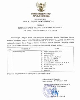 Tujuh Anggota KPU Lampung 2019-2024 akan Dilantik Besok