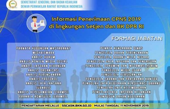 Penerimaan CPNS 2019 DPR RI, Ini Formasi yang Dibutuhkan
