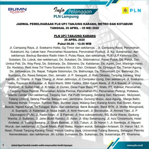 Ini Jadwal Pemadaman Listrik di Lampung 29 April Hingga 5 Mei 2020