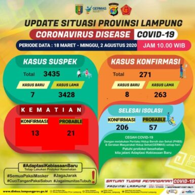 Pasien Covid-19 Lampung Jadi 271 Orang, Ini Riwayat 8 Pasien Baru