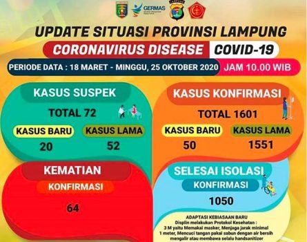 Tambah 50, Kasus Covid-19 di Lampung Jadi 1.601, Tiga Pasien Meninggal