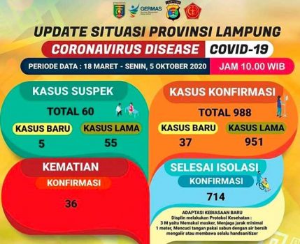 Tambah 37, Pasien Covid-19 di Lampung Jadi 988 Orang