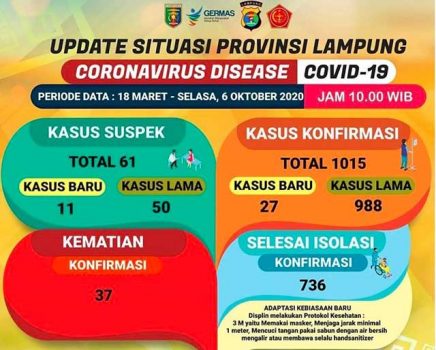 Tambah 27, Pasien Covid-19 di Lampung Tembus 1.015, Satu Orang Meninggal