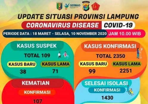 Sehari Tambah 99 Kasus, Pasien Covid-19 di Lampung Jadi 2.350 Orang