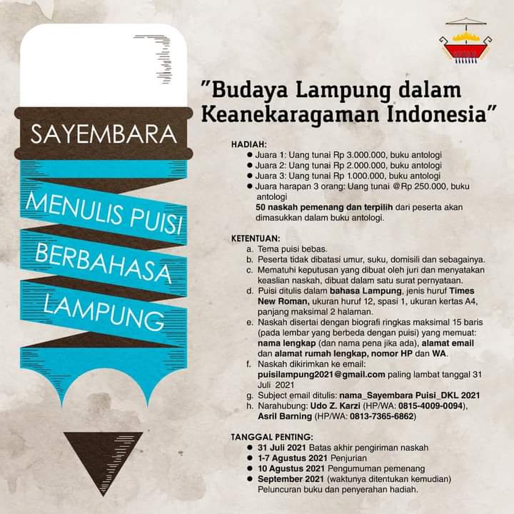 DKL Gelar Sayembara Menulis Puisi Berbahasa Lampung dan Esai Sastra 2021