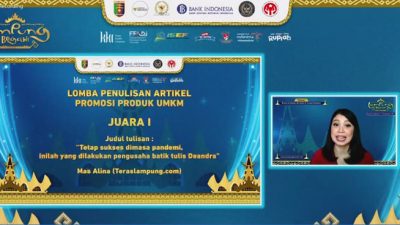 Jurnalis Teraslampung.com Juara Lomba Menulis UMKM yang Digelar Bank Indonesia