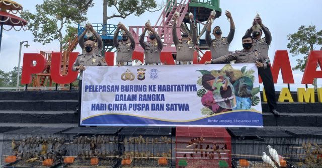 Hari Cinta Puspa dan Satwa Nasional, Ditlantas Polda Lampung Terbangkan 500 Ekor Burung