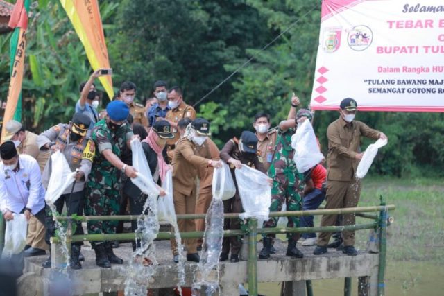 Bupati Winarti Tebar 50 Benih Ikan Nila Nirwana di Sungai Tulangbawang