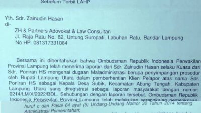 Ombudsman Nilai Pengangkatan Yahya sebagai Kepala Desa Subik-Lampura tak Sesuai Aturan