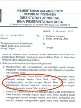 Kemendagri Minta Bupati Lampung Utara Berhentikan Yahya Pranoto Sebagai Kepala Desa Subik