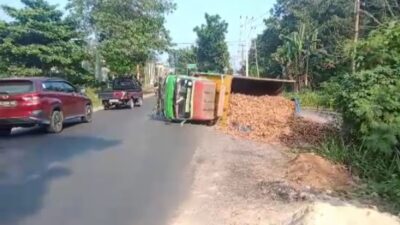 Truk Pengangkut Singkong Terbalik di Jalinteng Sumatera