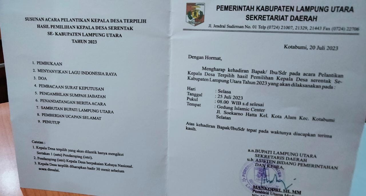 Pembuatan Surat Undangan Pelantikan Kepala Desa di Lampung Utara Diduga tidak Sesuai Aturan